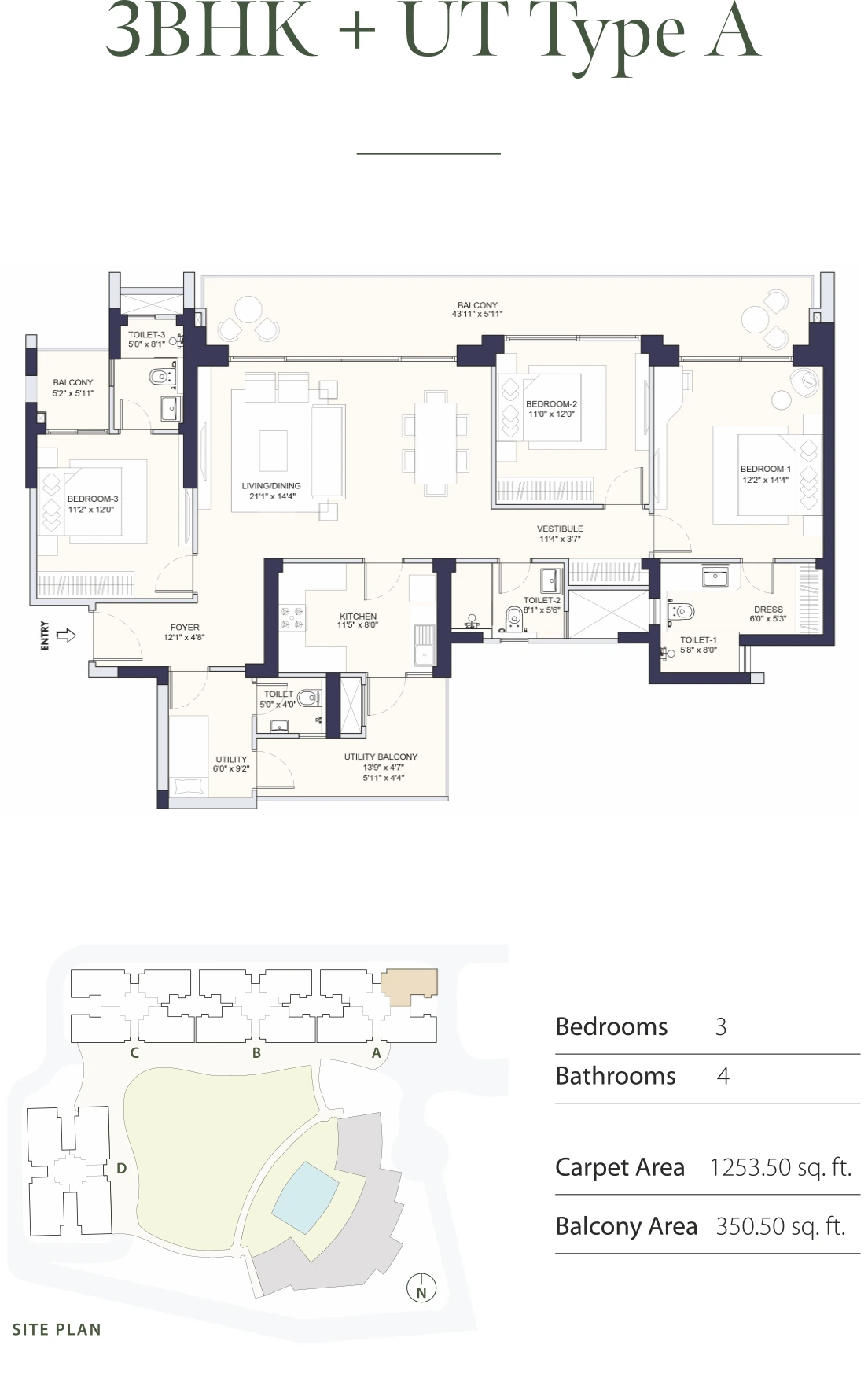 3 BHK + UT TYPE A