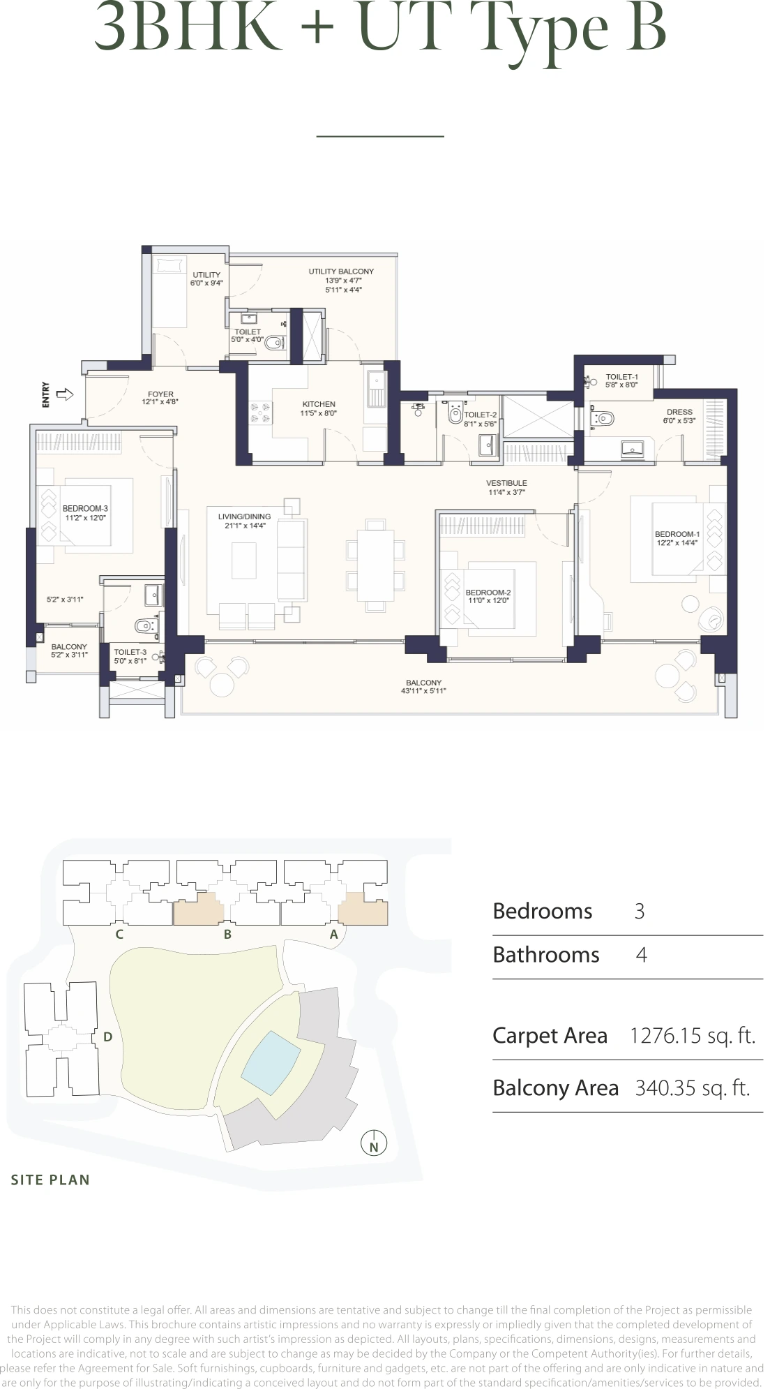 3 BHK + UT TYPE B