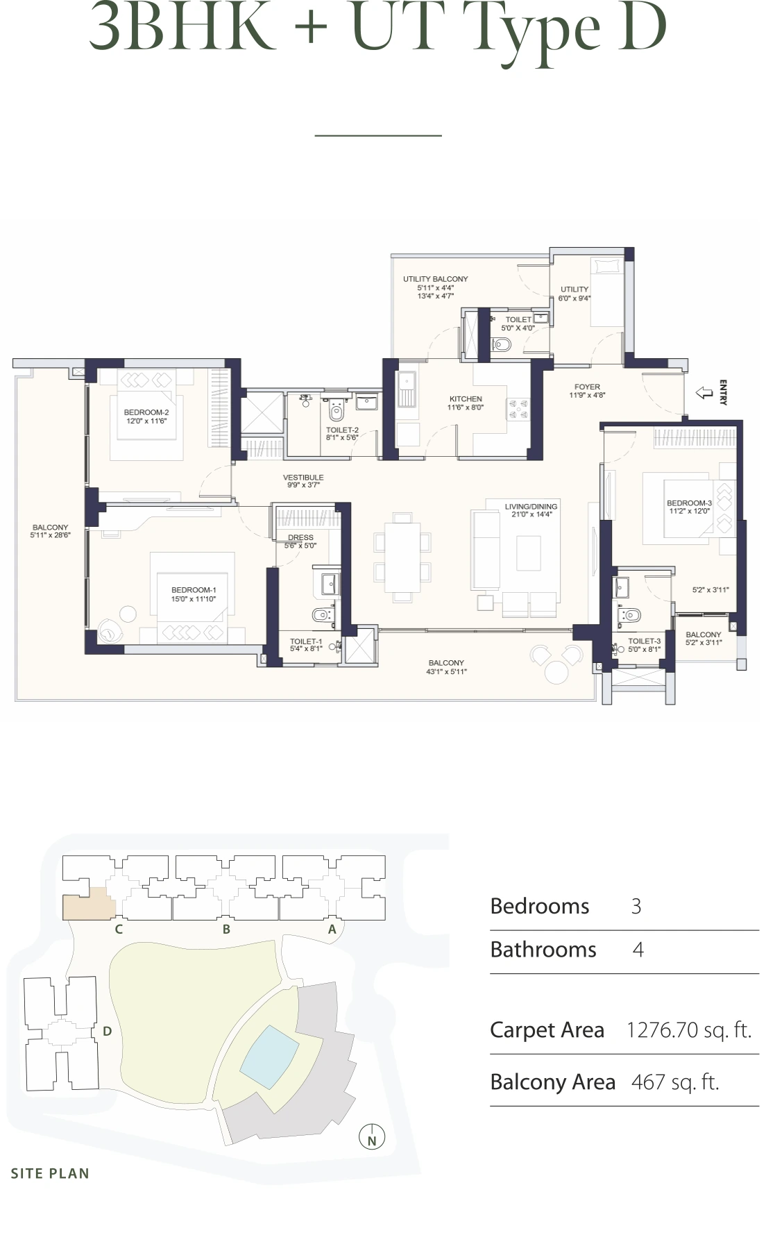 3 BHK + UT TYPE D